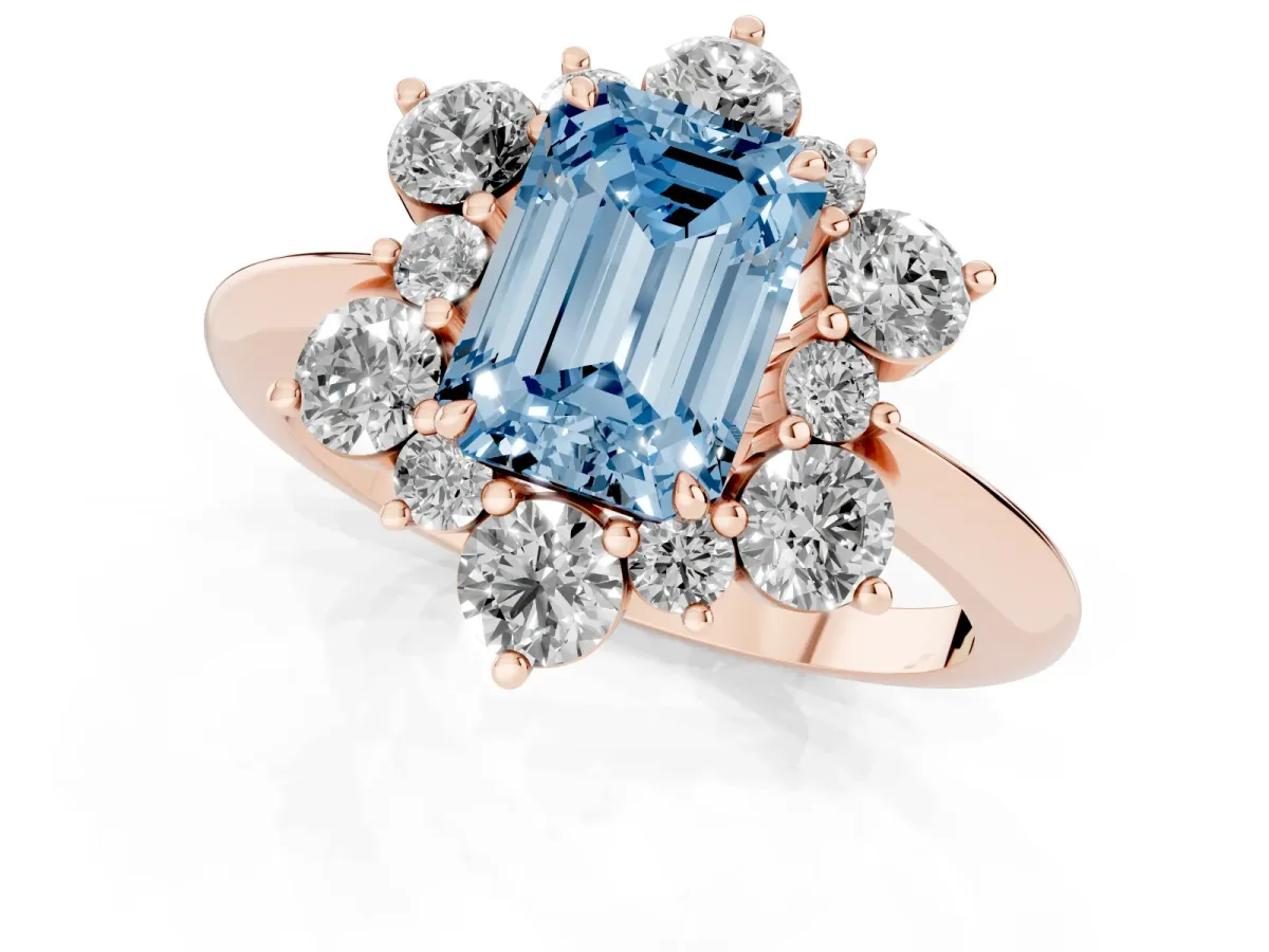 Fancy Blue Emerald Cut Diamond Cluster Halo Ring with Solitaire Band and Four-Prong Setting Rose gold