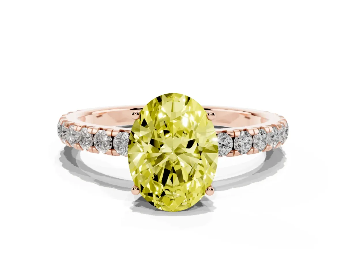 Fancy Yellow Oval Cut Diamond Pavé Solitaire Engagement Ring with Four-Prong Setting Rose gold