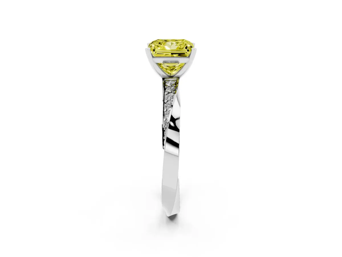 Fancy Yellow Princess Cut Diamond Engagement Ring with Side Stone Accents and Four-Prong Setting Silver