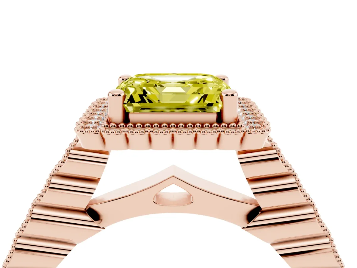 Fancy Yellow Asscher Cut Cut Halo Pavé Solitaire Ring with Milgrain Band Rose gold