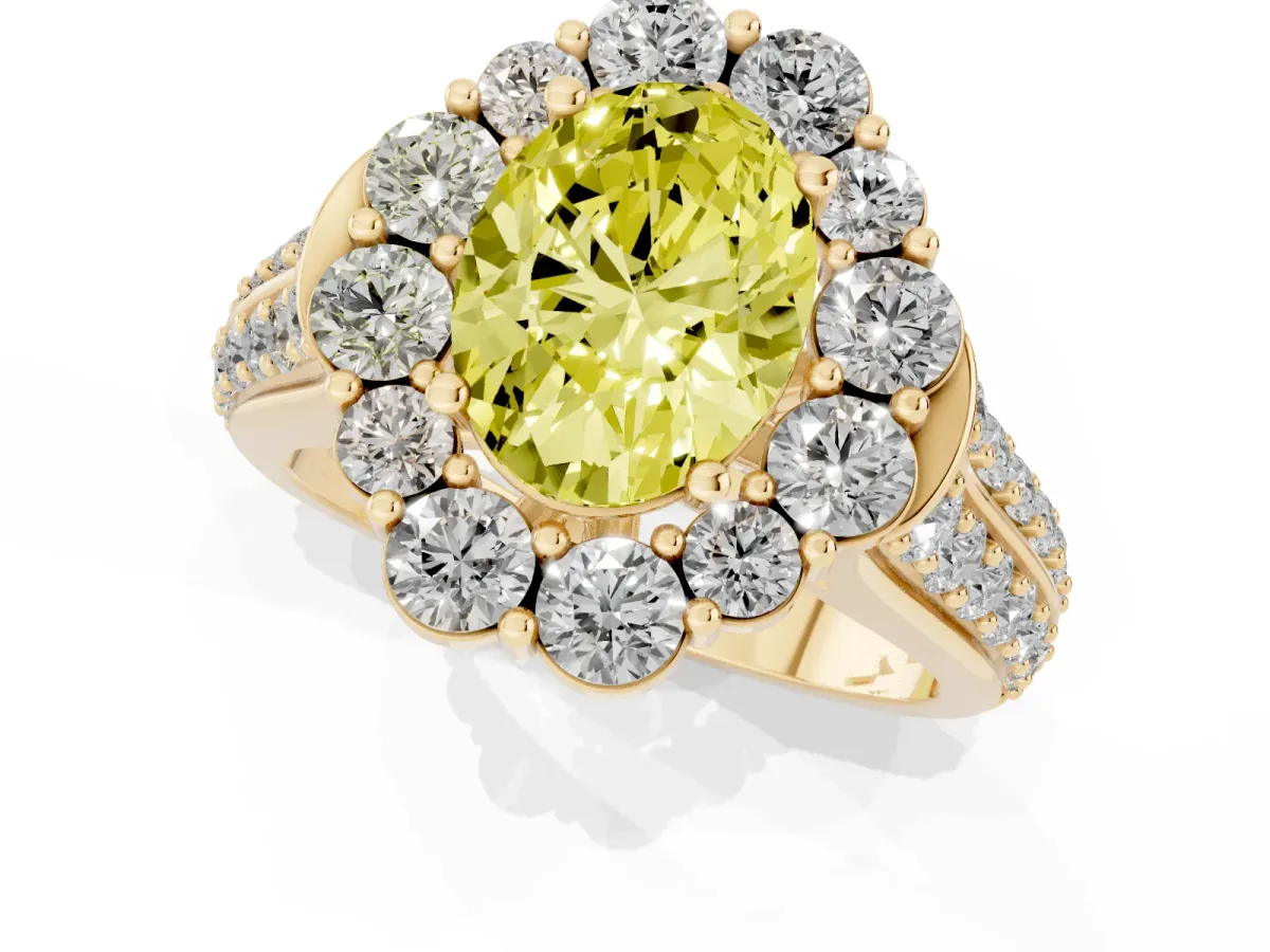 Fancy Yellow Oval Cut Halo Diamond Engagement Ring with Split Shank and Prong Setting Yellow gold