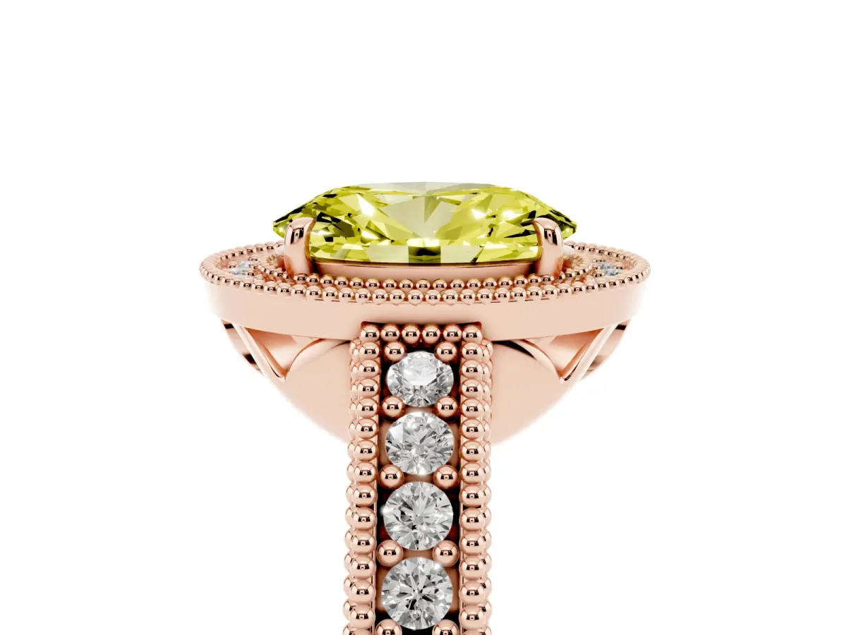 Fancy Yellow Oval Cut Cut Halo Diamond Ring with Pavé Band and Four-Prong Setting Rose gold
