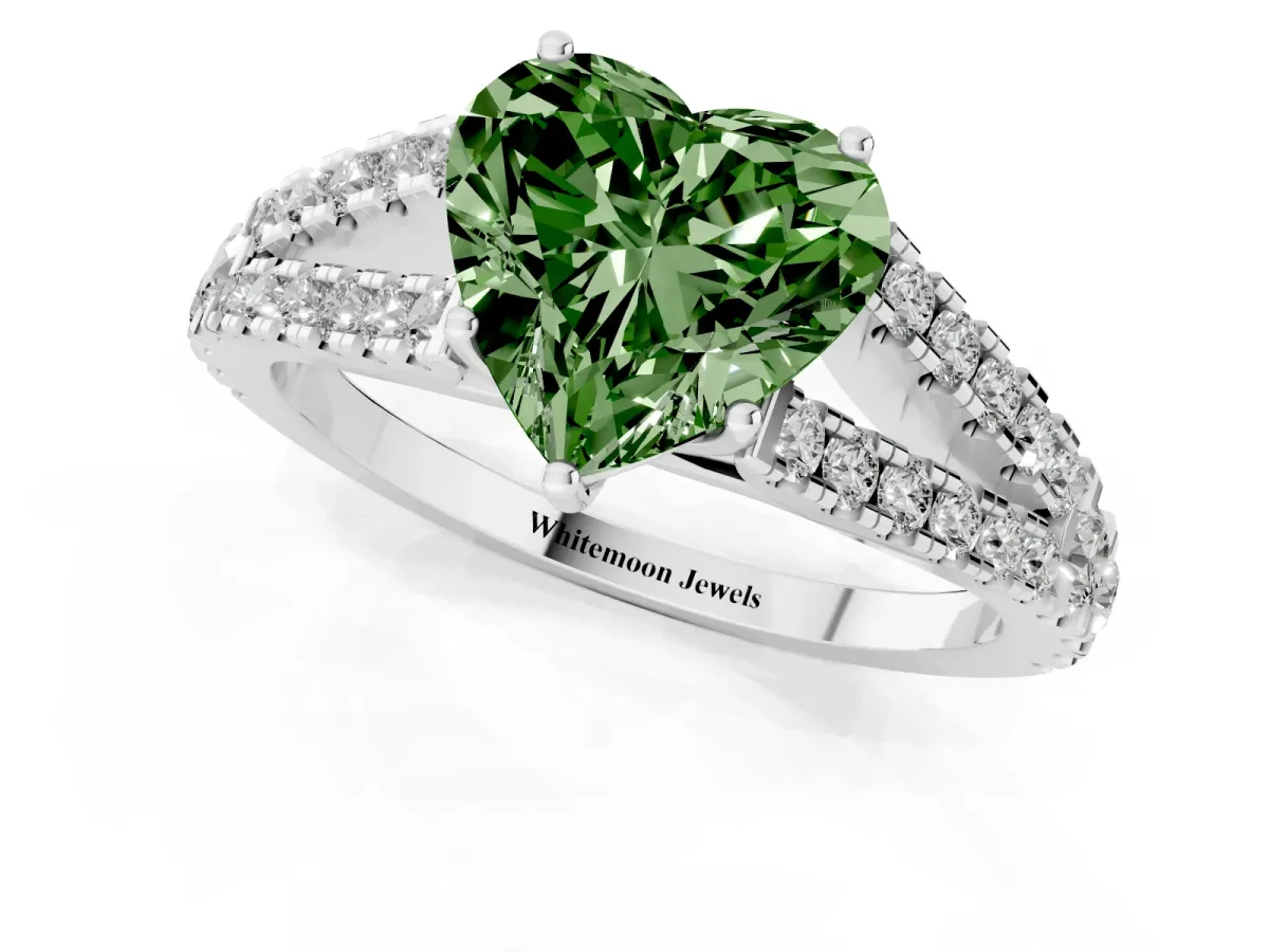 Fancy Green Heart Cut Diamond Split Shank Pavé Engagement Ring with Four-Prong Setting Platinum