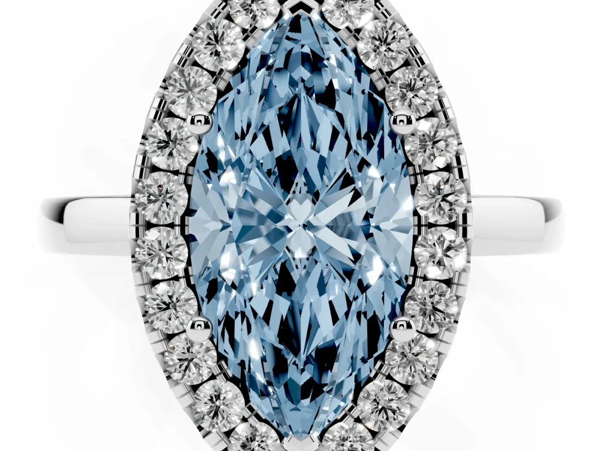 Fancy Blue Marquise Cut Halo Diamond Solitaire with Pavé Band and Four-Prong Setting White gold