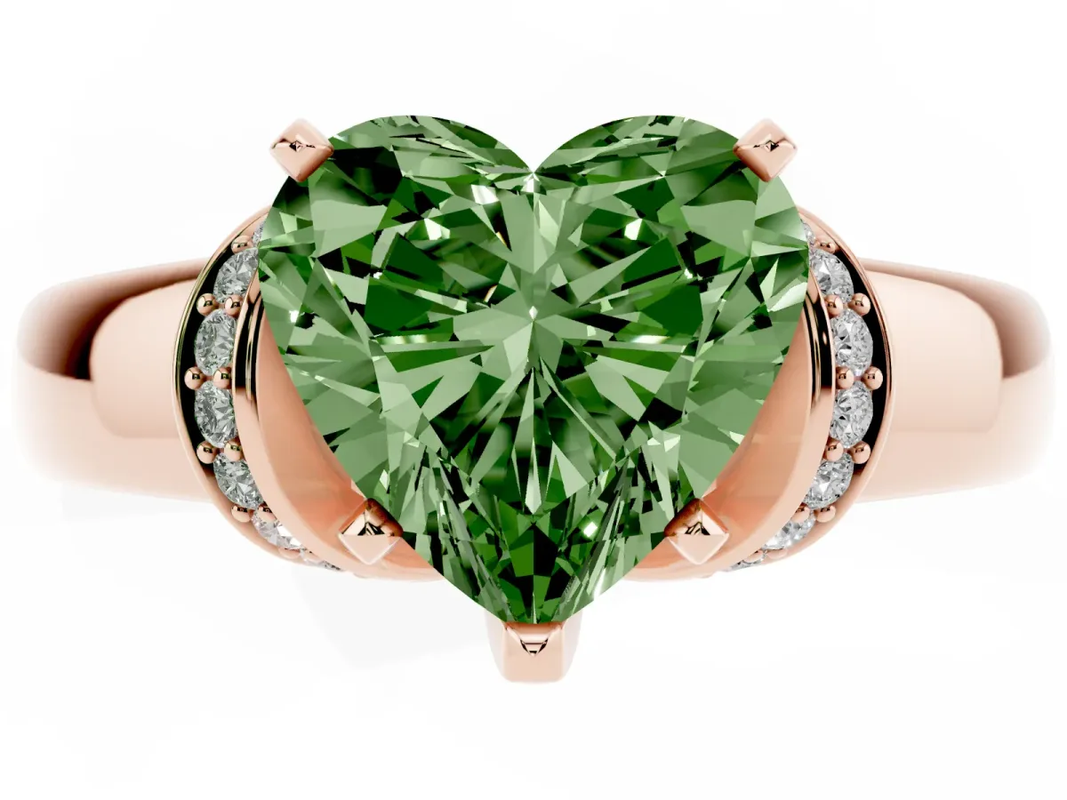 Fancy Green Heart Cut Solitaire Diamond Ring with Pave Band and Six-Prong Setting Rose gold