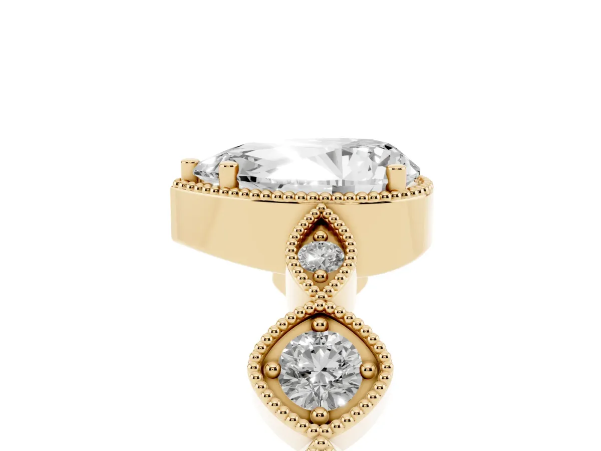 Pear Cut Diamond Vintage Milgrain Ring with Round Stations Yellow gold