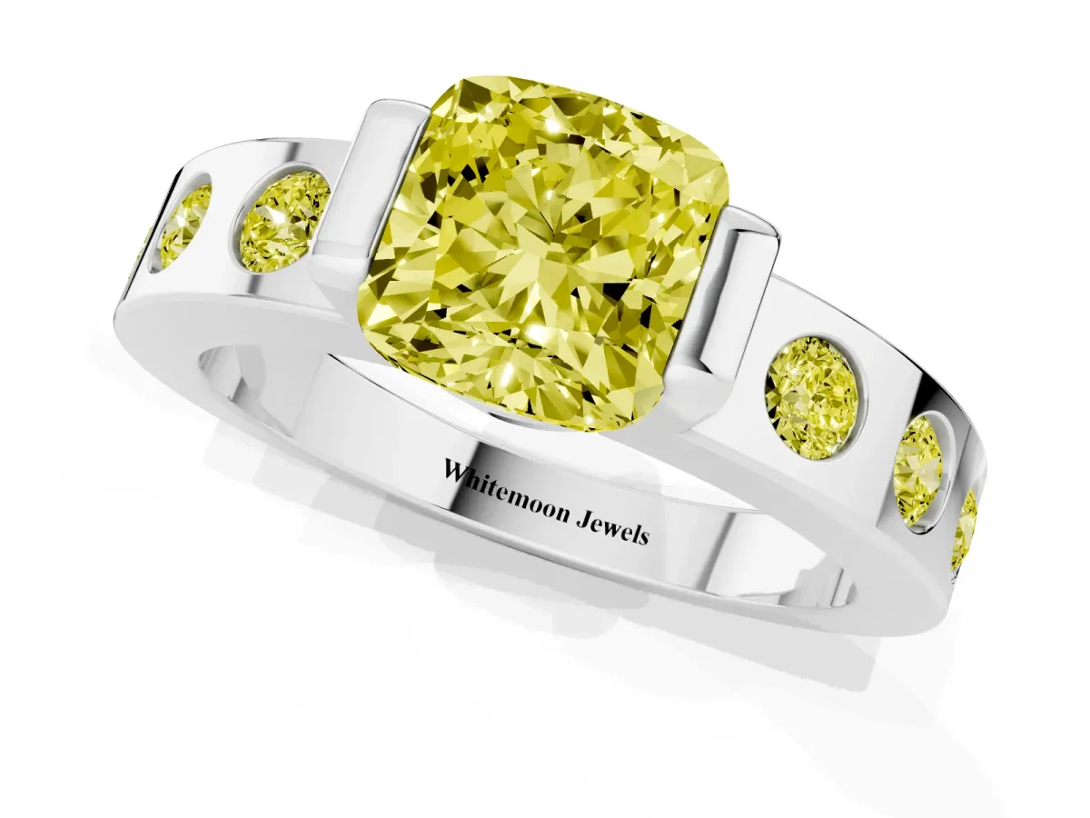 Fancy Yellow Cushion Cut Brilliant Channel-Set Diamond Ring with Bezel Prong Setting Silver