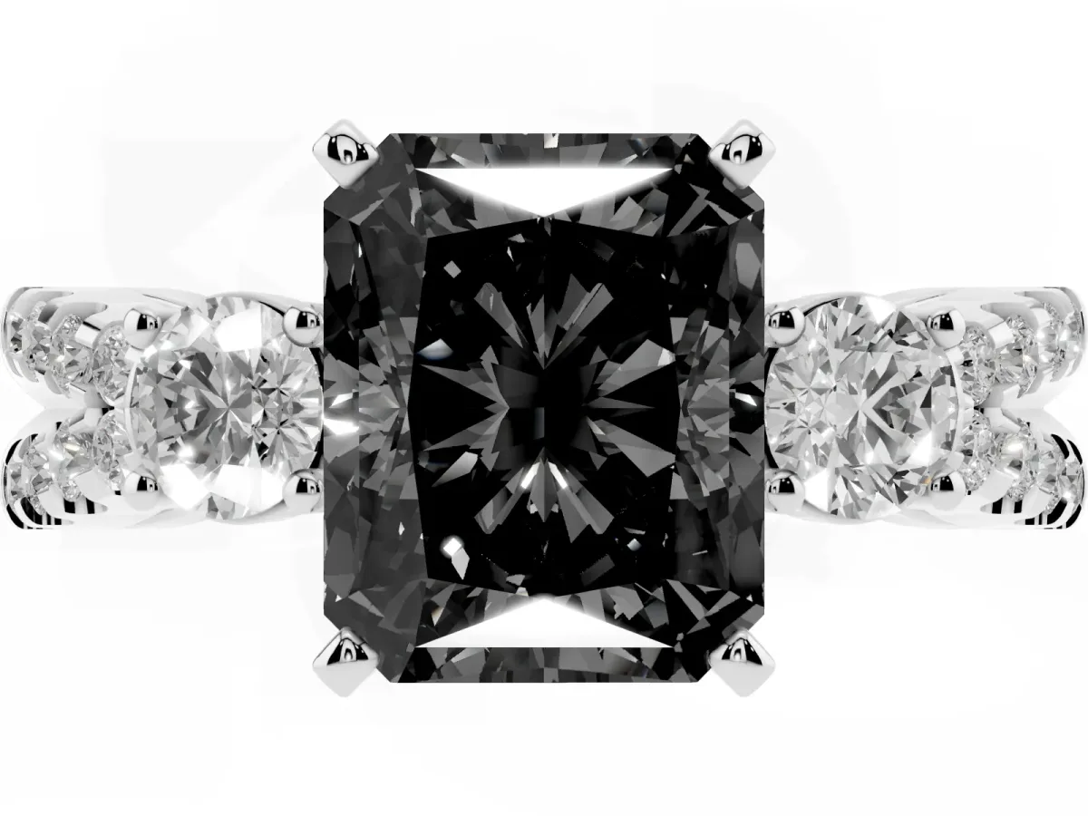 Fancy Black Radiant Cut Diamond Three-Stone Ring with Pavé Split Shank and Four-Prong Setting Silver