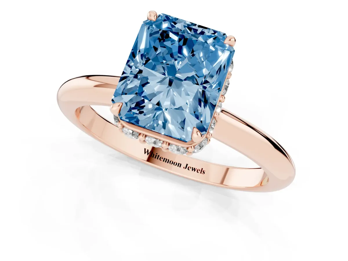 Fancy Blue Radiant Cut Brilliant Solitaire Engagement Ring with Six-Prong Setting and Classic Band Rose gold