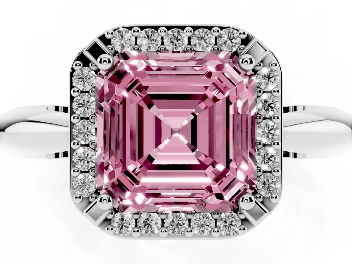 Fancy Pink Asscher Cut Cut Diamond Halo Engagement Ring with Split Shank and Four-Prong Setting Silver