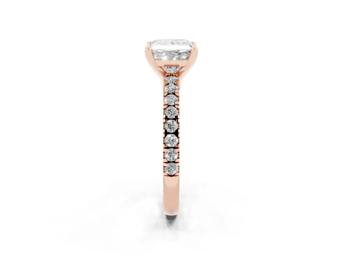 Princess Cut Solitaire Diamond with Pavé Band and Four-Prong Setting Rose gold