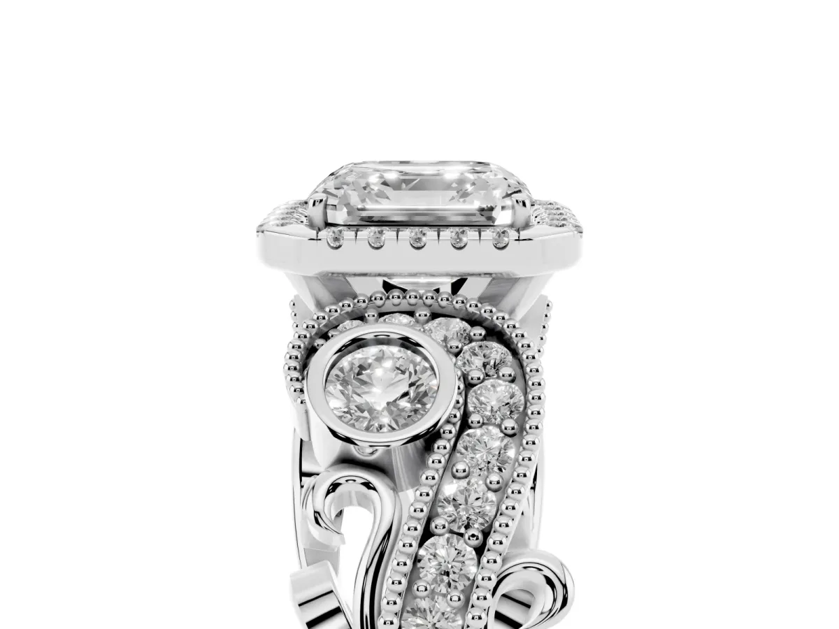 Asscher Cut Diamond Halo Ring with Milgrain Pavé Band and Four-Prong Setting Platinum