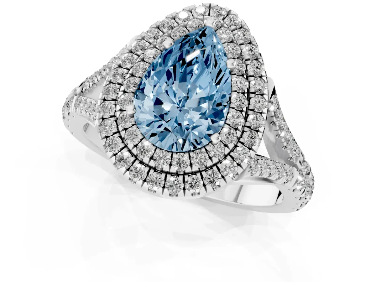 Fancy Blue Pear Cut Diamond Double Halo Ring with Split Shank and Prong Setting White gold