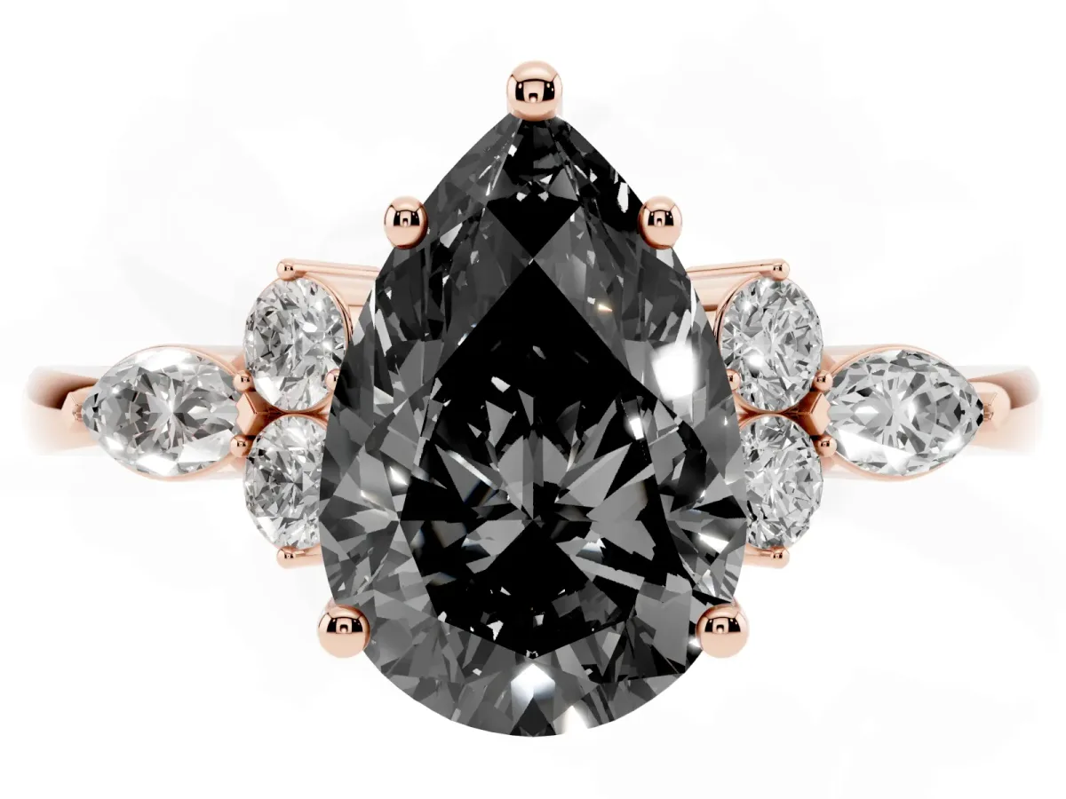 Fancy Black Pear Cut Brilliant Diamond Solitaire Ring with Pear Side Stones and Four-Prong Setting Rose gold