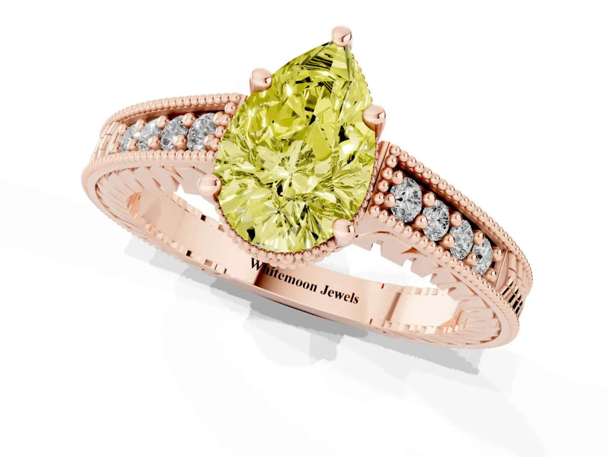 Fancy Yellow Pear Cut Solitaire Pavé Diamond Milgrain Engagement Ring with Four-Prong Setting Rose gold
