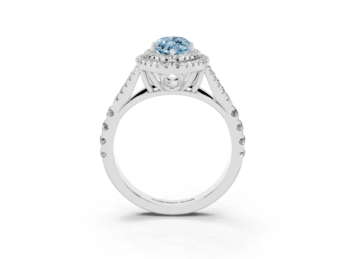Fancy Blue Marquise Cut Diamond Pavé Split Shank Double Halo Engagement Ring Platinum