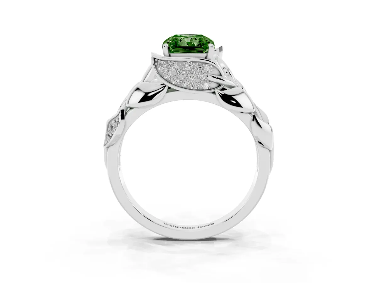 Fancy Green Radiant Cut Diamond Leaf-Inspired Engagement Ring with Round Accents and Prong Setting White gold