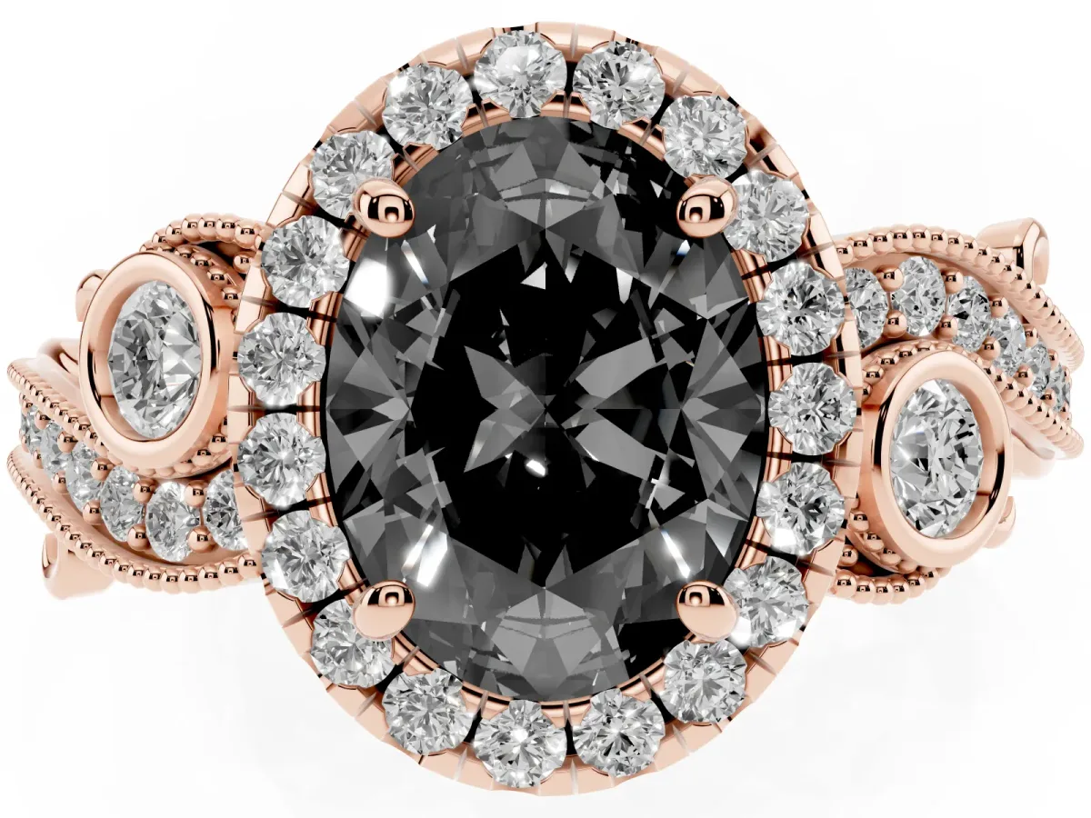 Fancy Black Oval Cut Halo Diamond Ring with Milgrain and Bezel Accents on a Split Shank Band Rose gold