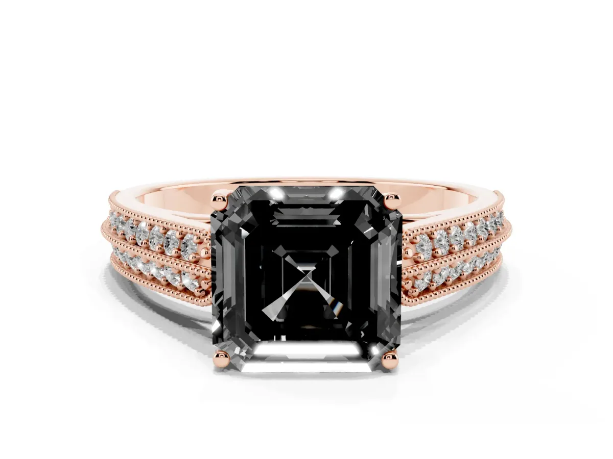 Fancy Black Asscher Cut Cut Pave Split Shank Engagement Ring with Four-Prong Setting Rose gold