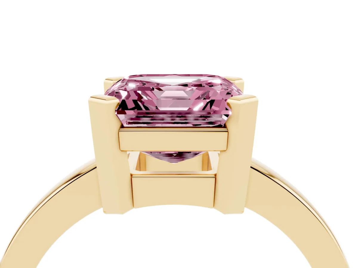 Fancy Pink Asscher Cut Cut Solitaire Ring with Four-Prong Setting and Classic Band Yellow gold