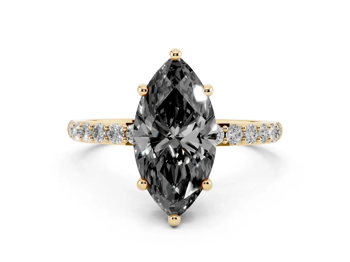 Fancy Black Marquise Cut Diamond Solitaire Ring with Round Pavé Band and Prong Setting Yellow gold