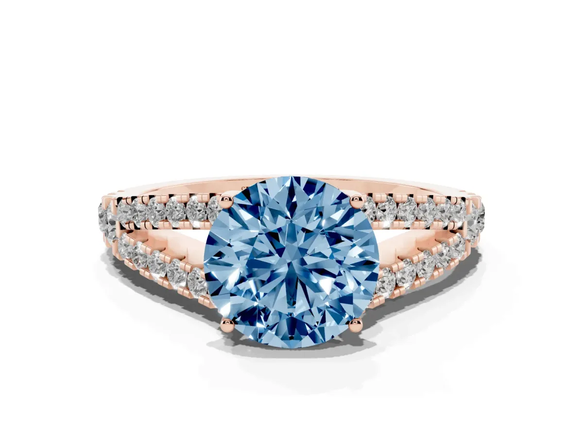 Fancy Blue Round Cut Diamond Split Shank Engagement Ring with Round Pavé and Prong Setting Rose gold