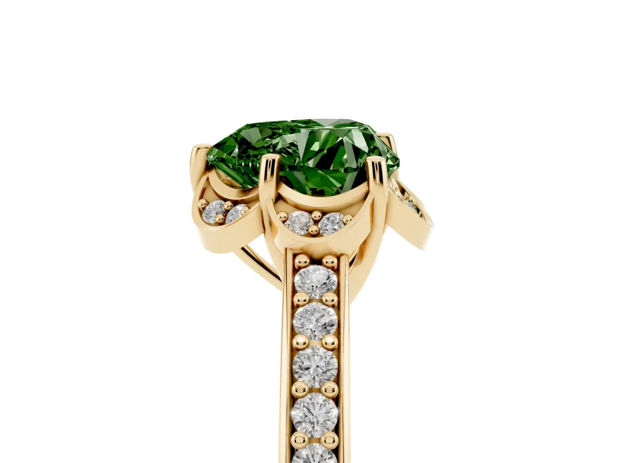 Fancy Green Heart Cut Cut Halo Diamond Ring with Channel Set Band and Four-Prong Setting Yellow gold