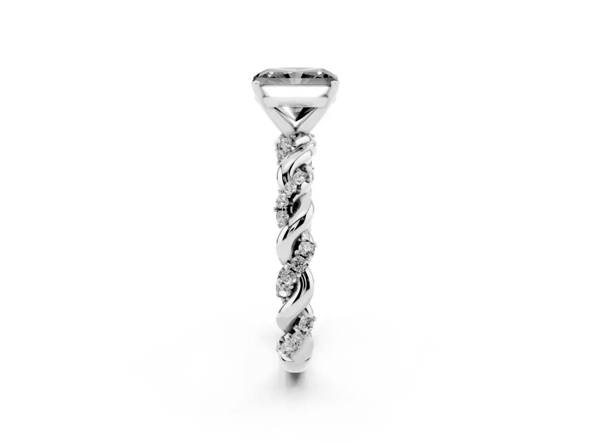 Fancy Black Radiant Cut Diamond Solitaire Ring with Twisted Band and Pavé Accents White gold