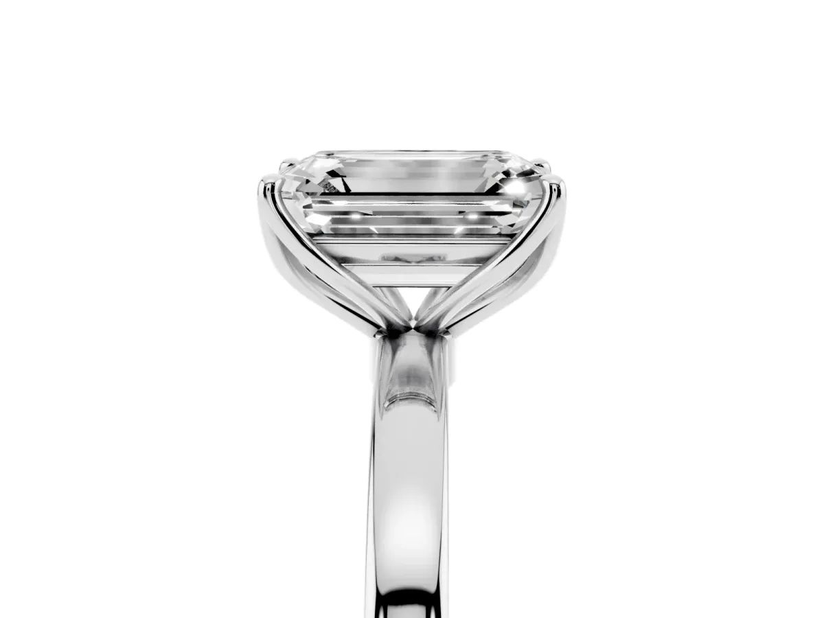 Emerald Cut Diamond Solitaire Ring with Thin Band and Prong Setting Silver