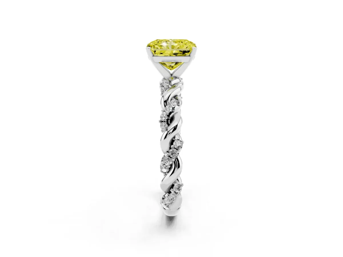 Fancy Yellow Radiant Cut Diamond Solitaire Ring with Twisted Band and Pavé Accents Platinum