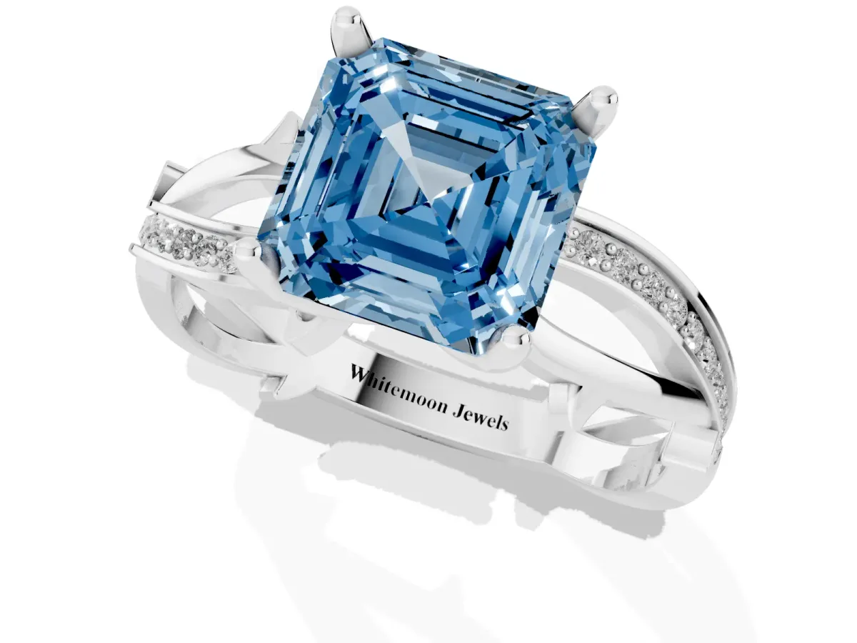 Fancy Blue Asscher Cut Solitaire Twist Band with Pavé Accents and Four-Prong Setting White gold