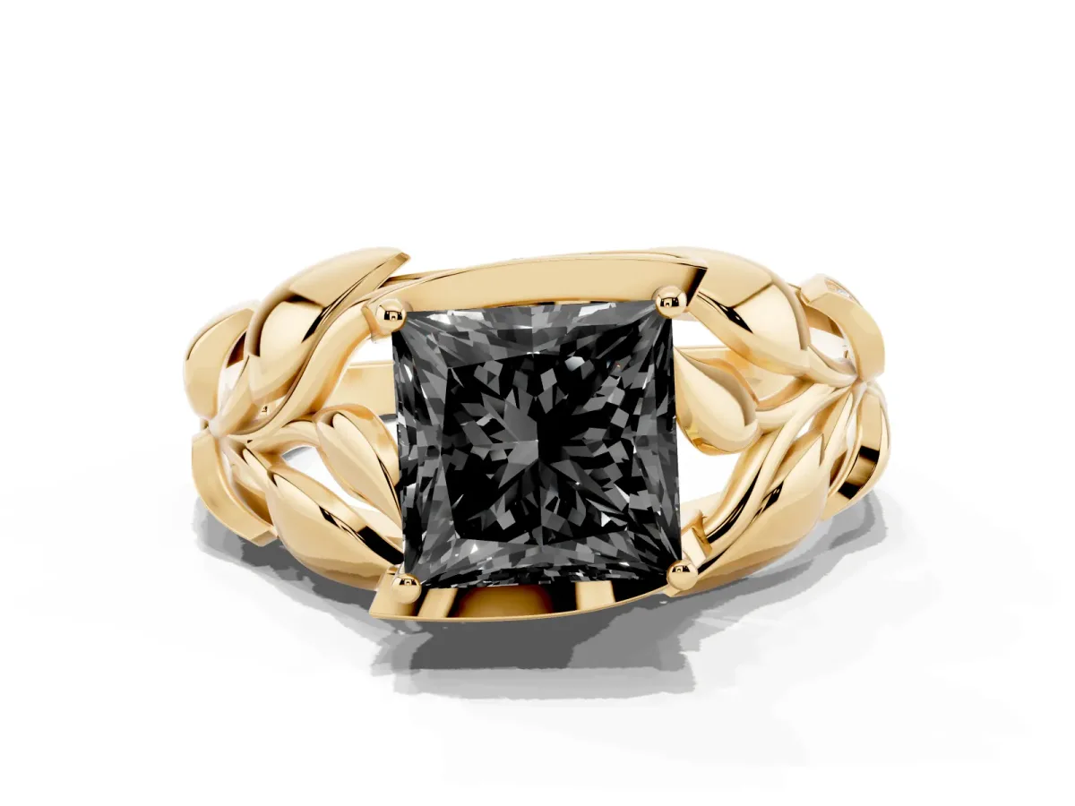Fancy Black Princess Cut Diamond Leaf-Inspired Engagement Ring with Round Accents and Prong Setting Yellow gold