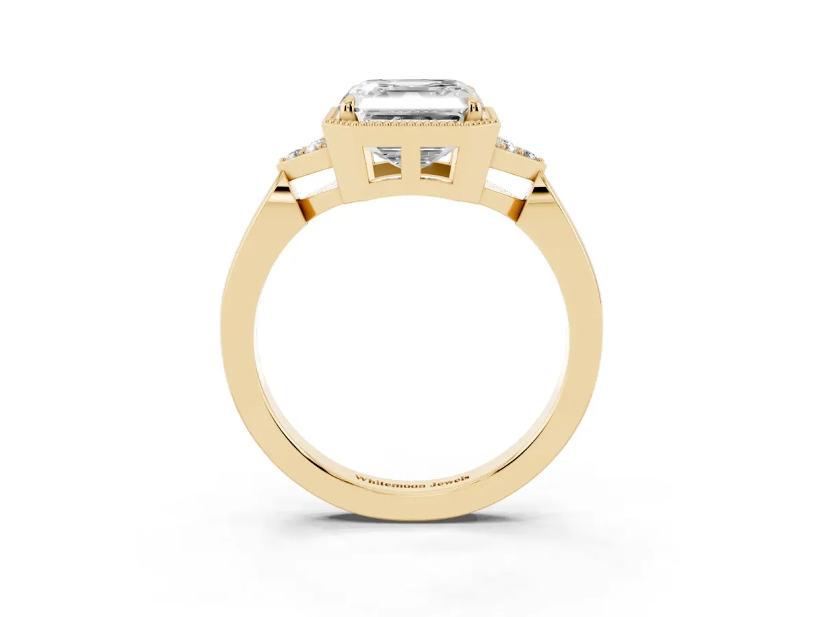 Hexagonal Halo Asscher Cut Diamond Solitaire with Pavé Band and Four-Prong Setting Yellow gold