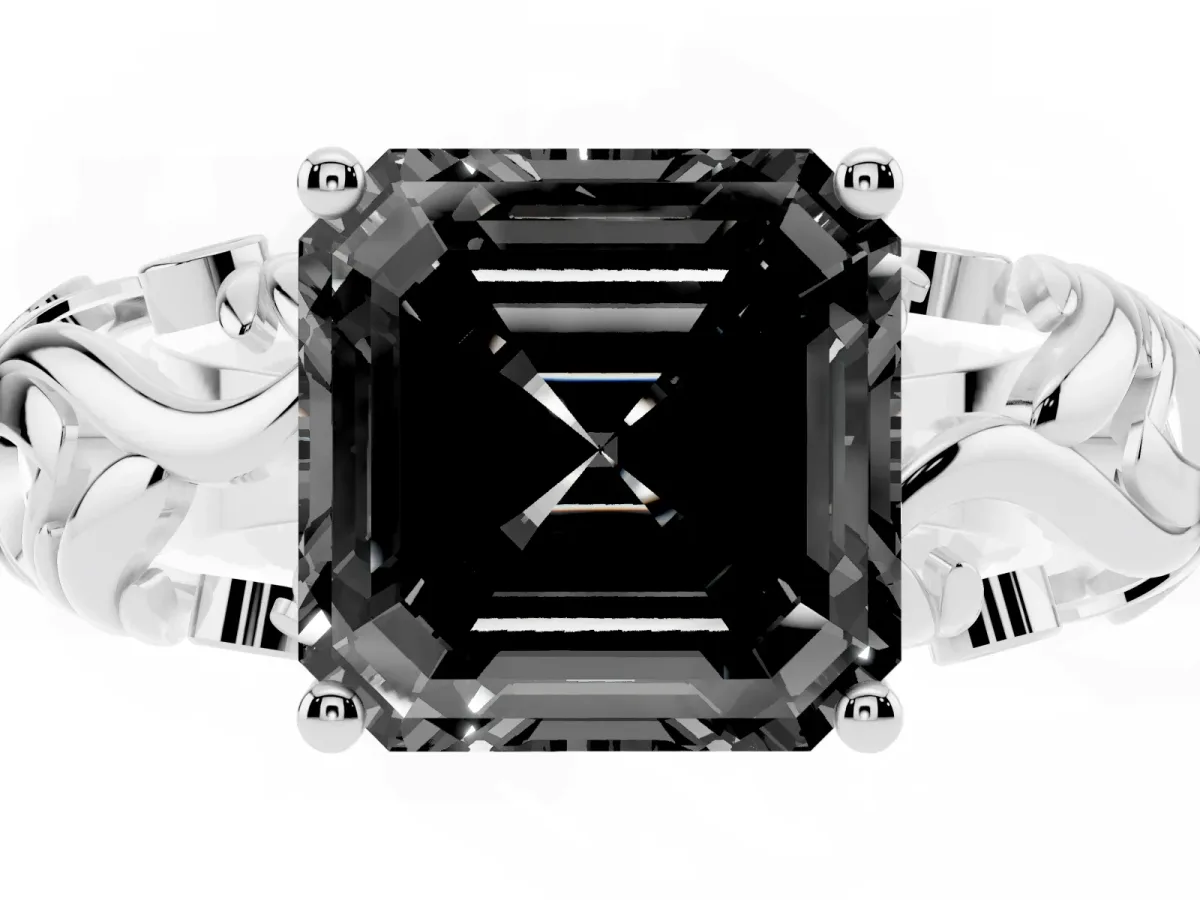 Fancy Black Asscher Cut Solitaire Diamond Leaf-Inspired Vine Band Ring with Prong Setting Silver