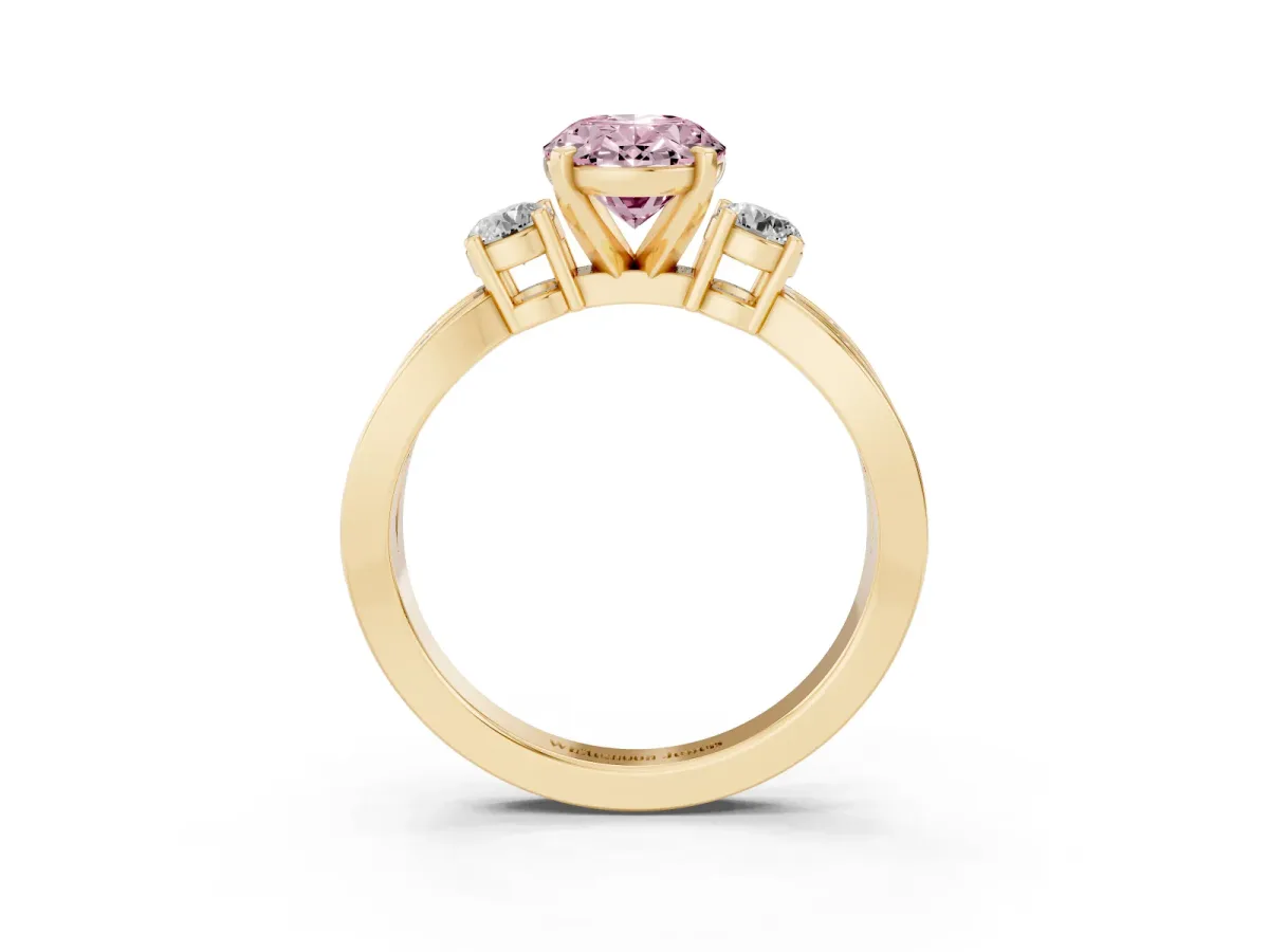 Fancy Pink Three-Stone Oval Cut Cut Diamond Twist Band with Prong Setting Yellow gold