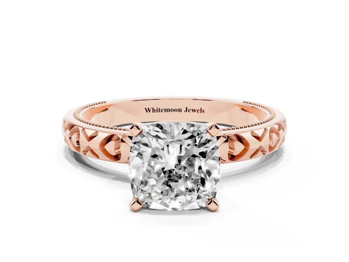 Cushion Cut Solitaire Diamond Engagement Ring with XO Engraved Band and Four-Prong Setting Rose gold