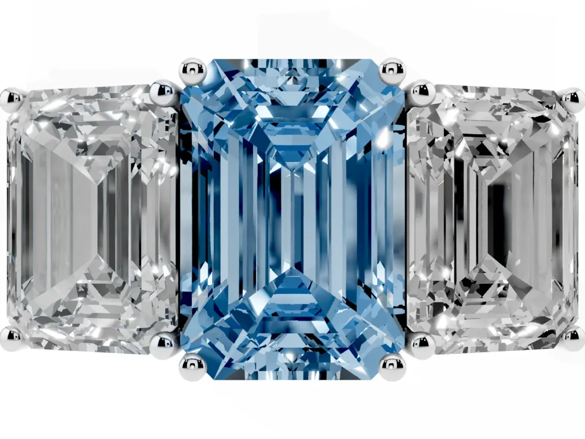 Fancy Blue Emerald Cut Diamond Three-Stone Ring with Prong Setting and Textured Band White gold
