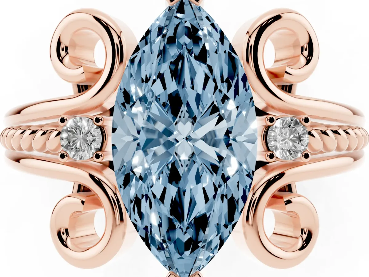Fancy Blue Marquise Cut Solitaire Twisted Band Scroll Prong Ring Rose gold