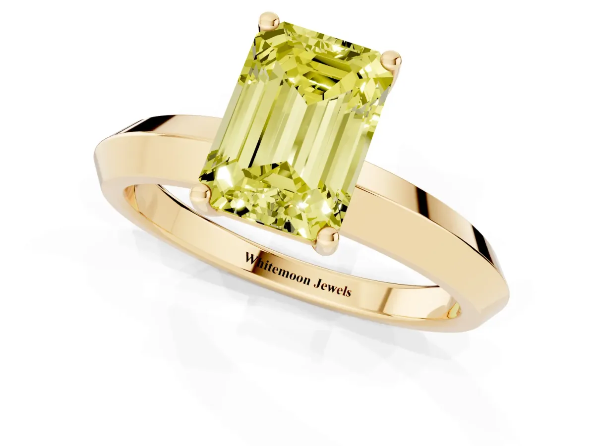 Fancy Yellow Emerald Cut Cut Solitaire Engagement Ring with Flat Band and Four-Prong Setting Yellow gold