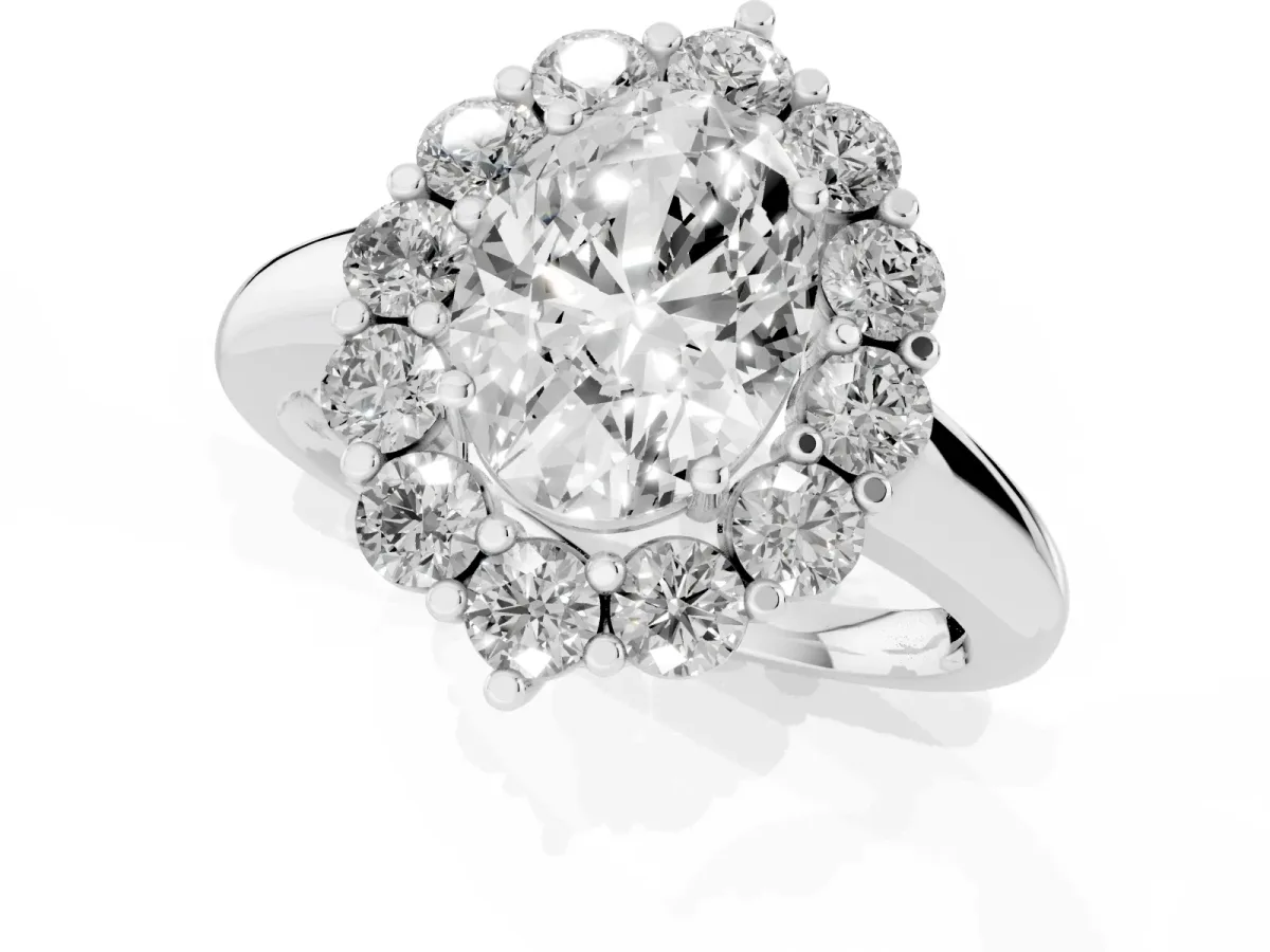 Oval Cut Halo Cluster Diamond Engagement Ring with Prong Setting and Polished Band Platinum