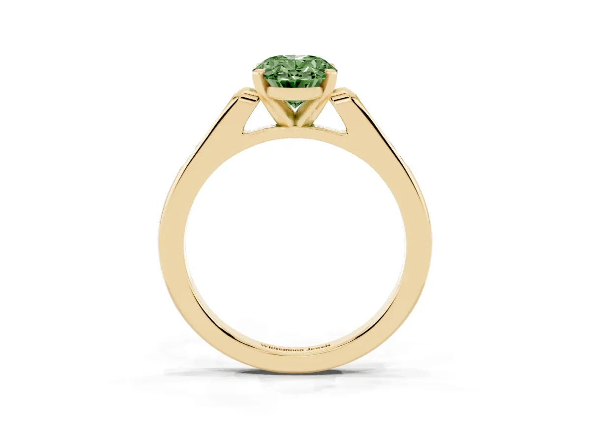 Fancy Green Oval Cut Diamond Solitaire Ring with Channel Set Round Band and Prong Setting Yellow gold
