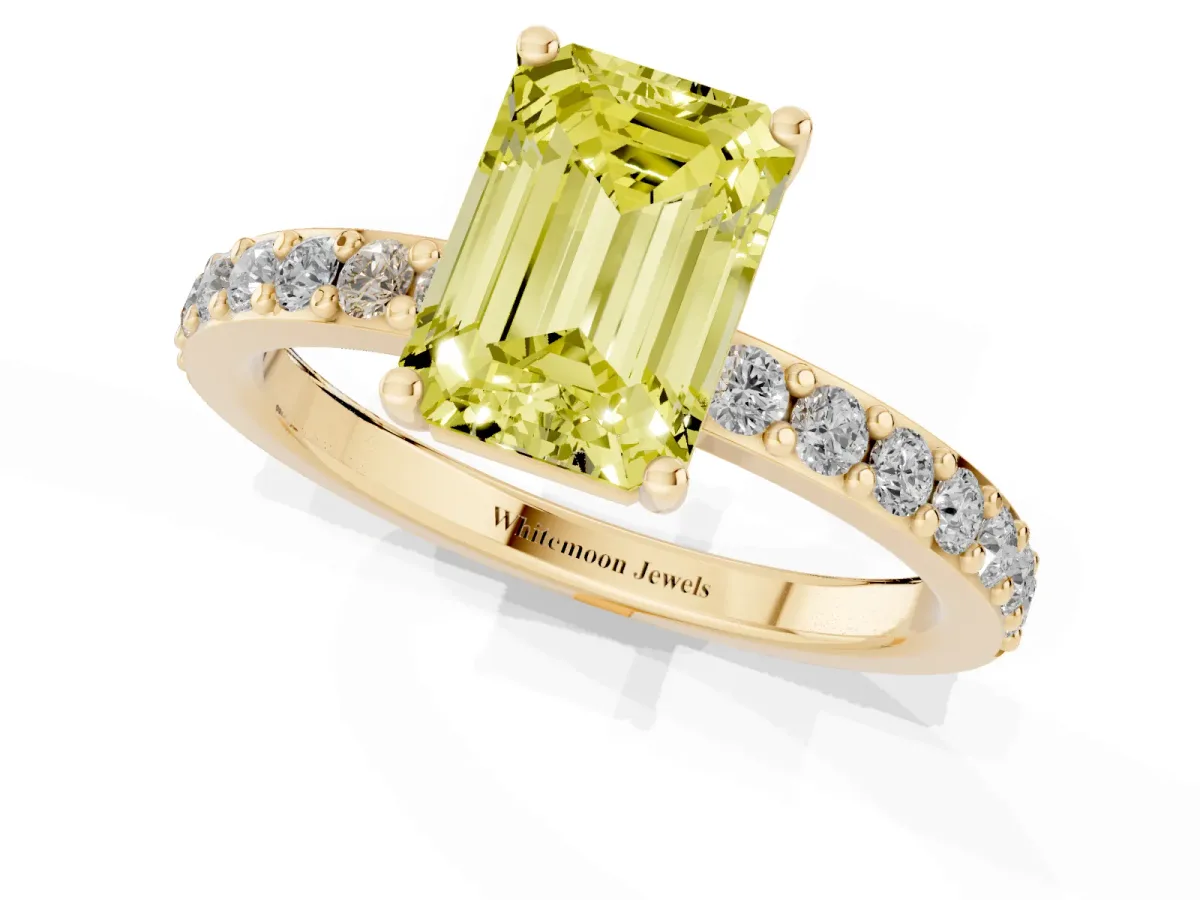 Fancy Yellow Emerald Cut Cut Diamond Solitaire with Pave Band and Four-Prong Setting Yellow gold