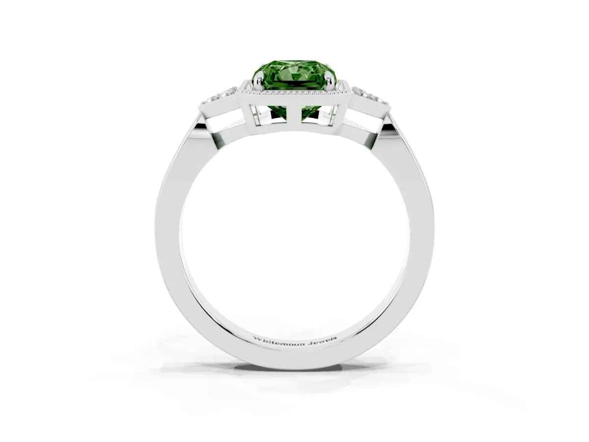 Fancy Green Hexagonal Halo Radiant Cut Diamond Solitaire with Pavé Band and Four-Prong Setting Platinum