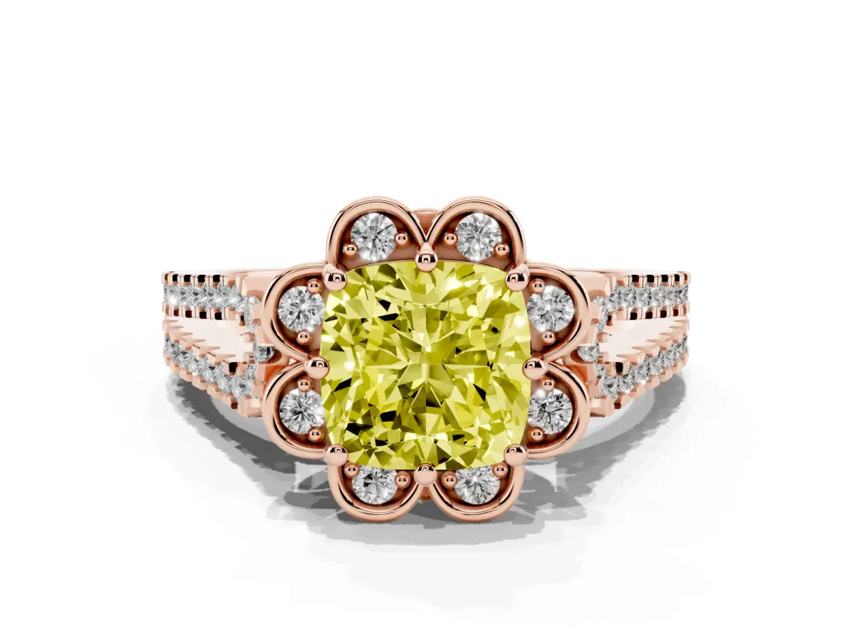 Fancy Yellow Cushion Cut Halo Diamond Floral Split Shank Engagement Ring Rose gold