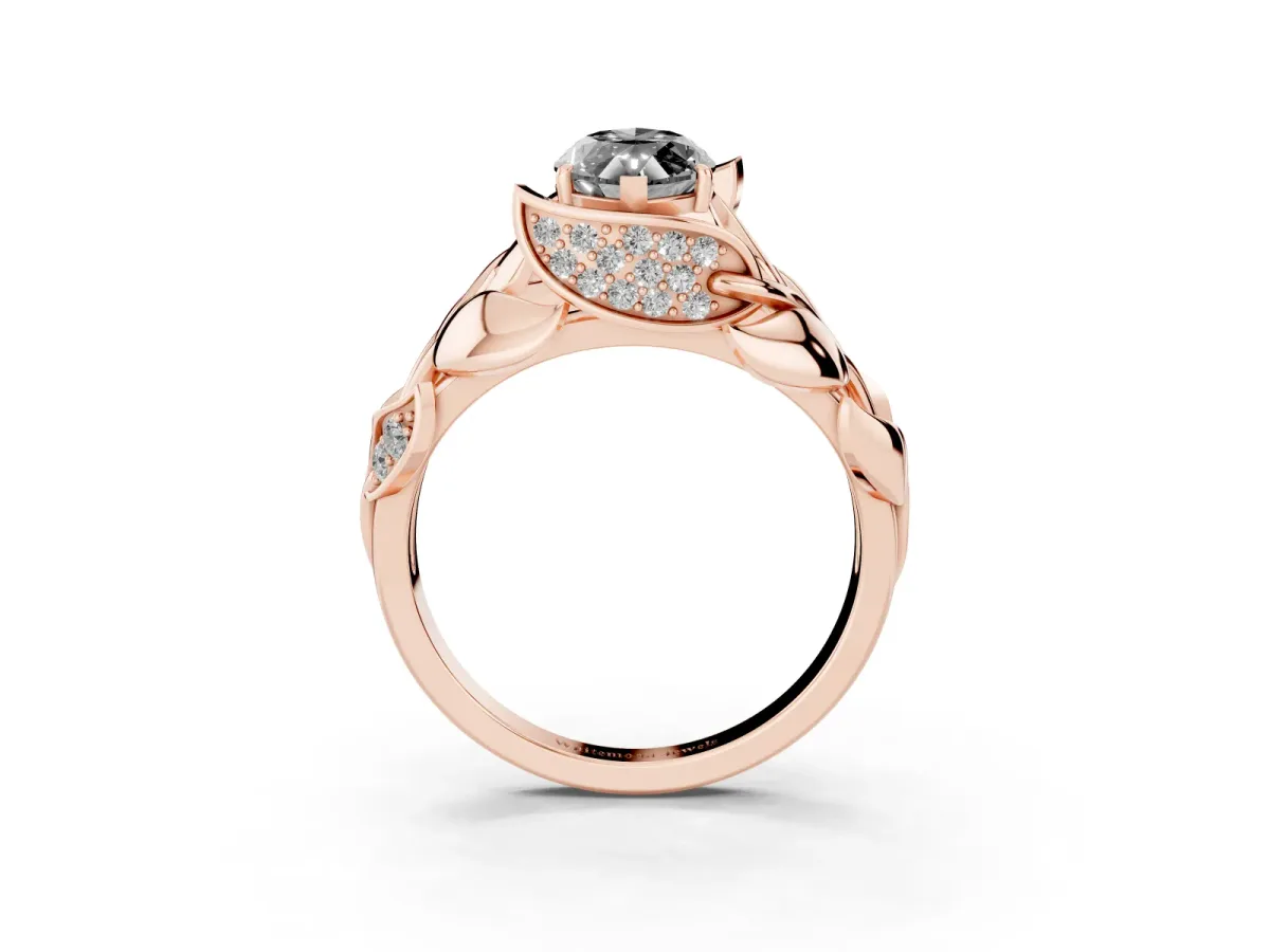 Fancy Black Marquise Cut Diamond Leaf-Inspired Engagement Ring with Round Accents and Prong Setting Rose gold