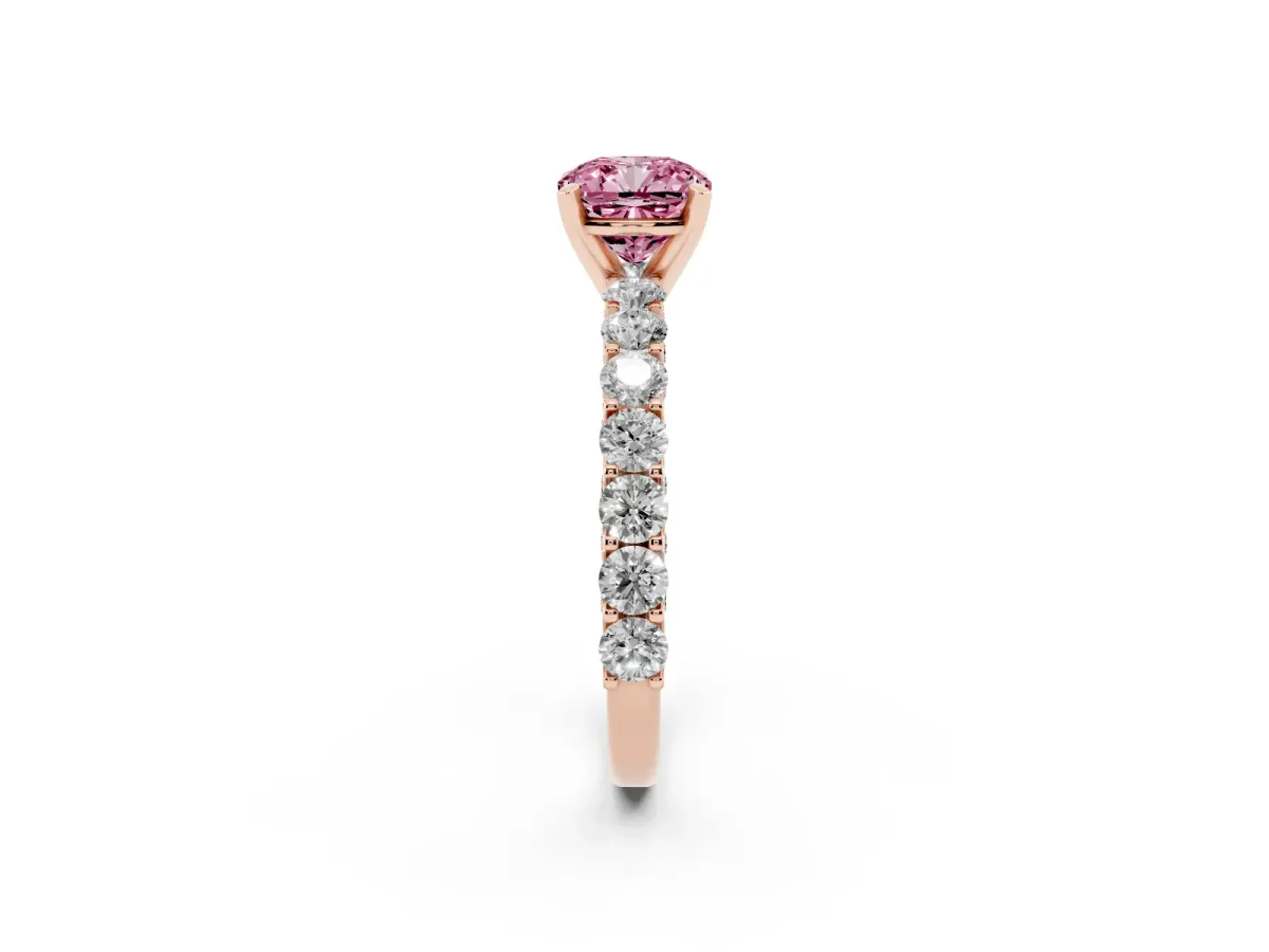 Fancy Pink Cushion Cut Diamond Solitaire Ring with Shared Prong Pavé Band and Four-Prong Setting Rose gold