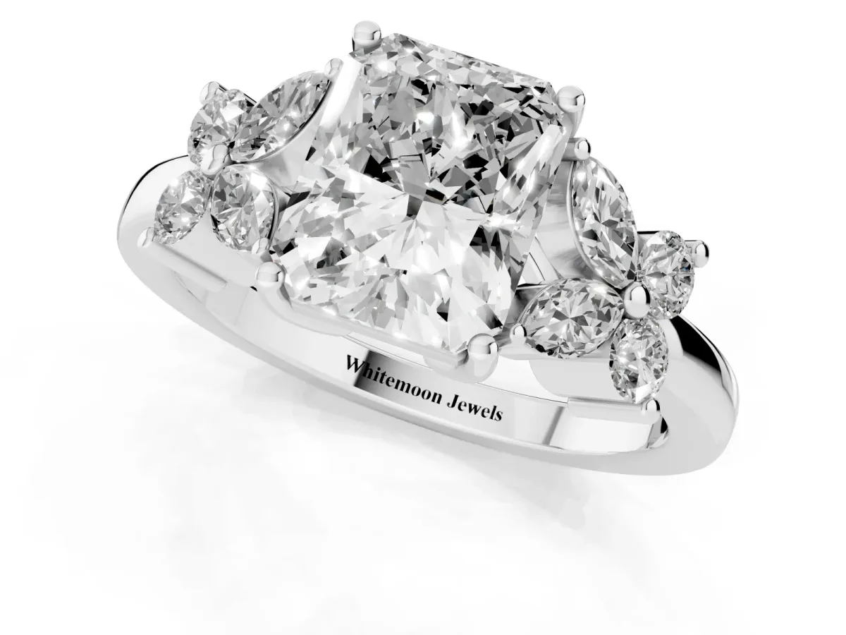 Radiant Cut Diamond Floral Cluster Ring with Solitaire Band and Prong Setting Silver