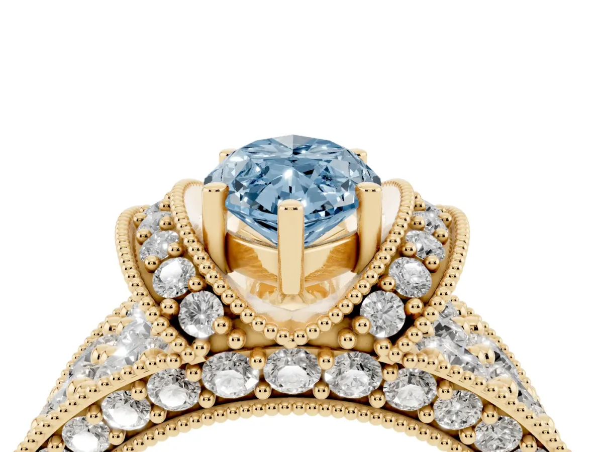 Fancy Blue Marquise Cut Halo Pave Diamond Engagement Ring with Milgrain Detailing Yellow gold
