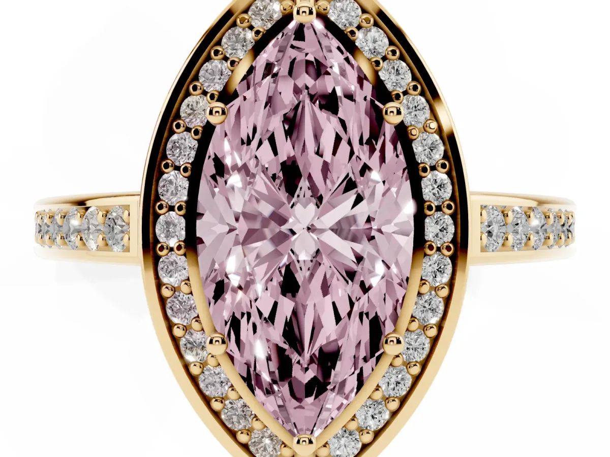 Fancy Pink Marquise Cut Cut Halo Pave Split Shank Prong Setting Ring Yellow gold