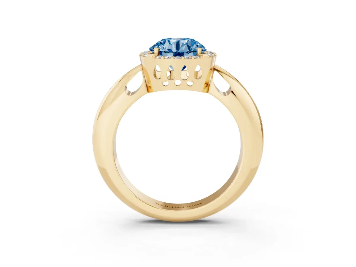 Fancy Blue Round Cut Cut Diamond Halo Engagement Ring with Split Shank and Four-Prong Setting Yellow gold
